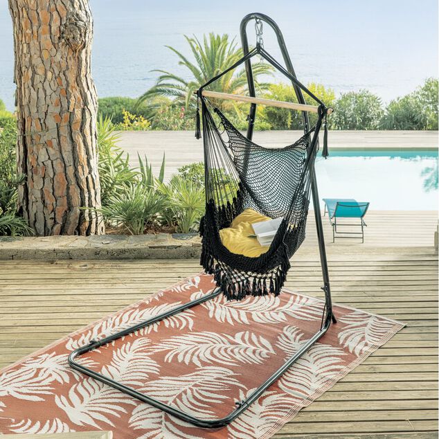 Si&egrave;ge suspendu Natura bois macram&eacute; noir 100x130xH125cm