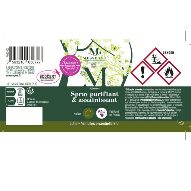 Spray purifiant et assainissant Mess&eacute;gu&eacute; 45 huiles essentielles bio 30ml