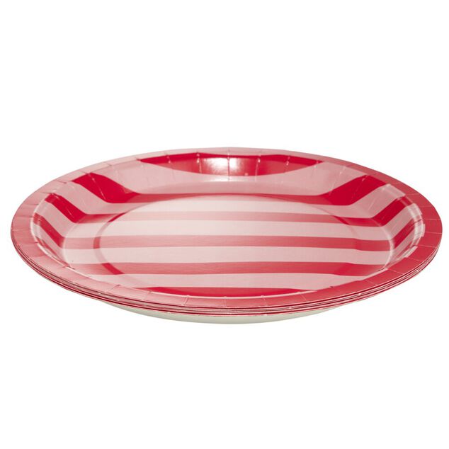 Assiette carton x8 th&egrave;me piment bayad&egrave;re rayures roses et rouges &Oslash;23cm