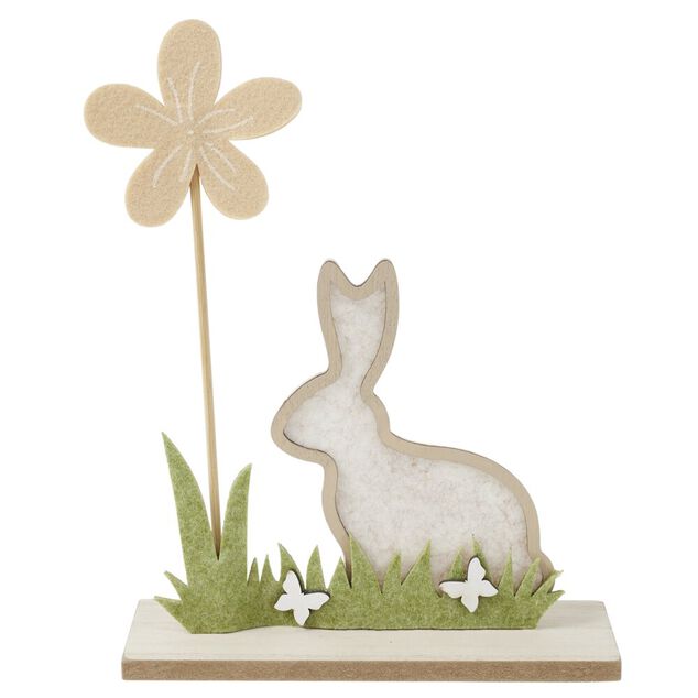 D&eacute;coration &agrave; poser lapin en bois et fleur L19,5xH24,5cm