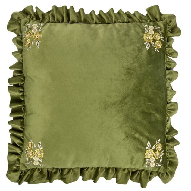 Coussin carr&eacute; &agrave; volant angles fleurs brod&eacute;es 40x40cm (2 mod&egrave;les marron ou vert)