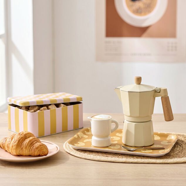 Cafeti&egrave;re style traditionnel 270ml aluminium beige poign&eacute;e bois H19cm
