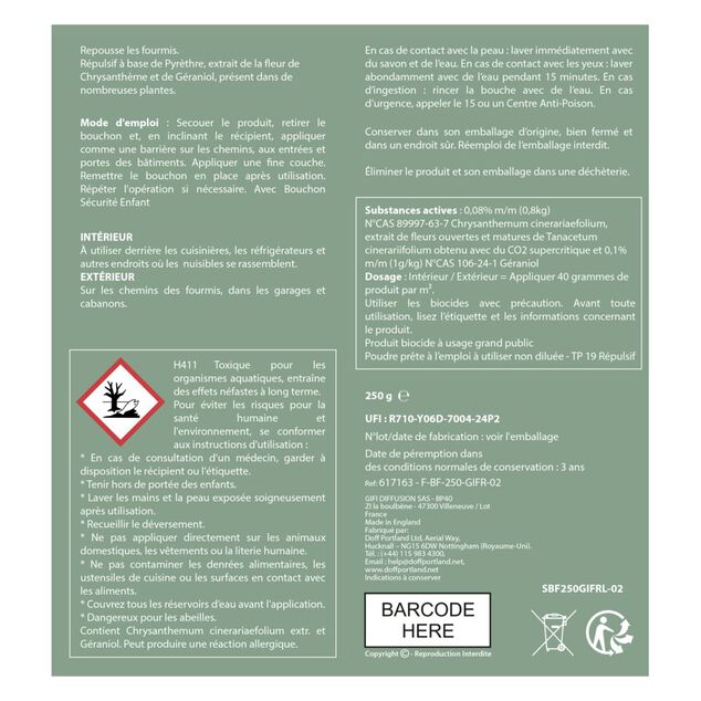 Poudre anti-fourmis et insectes rampants 250g