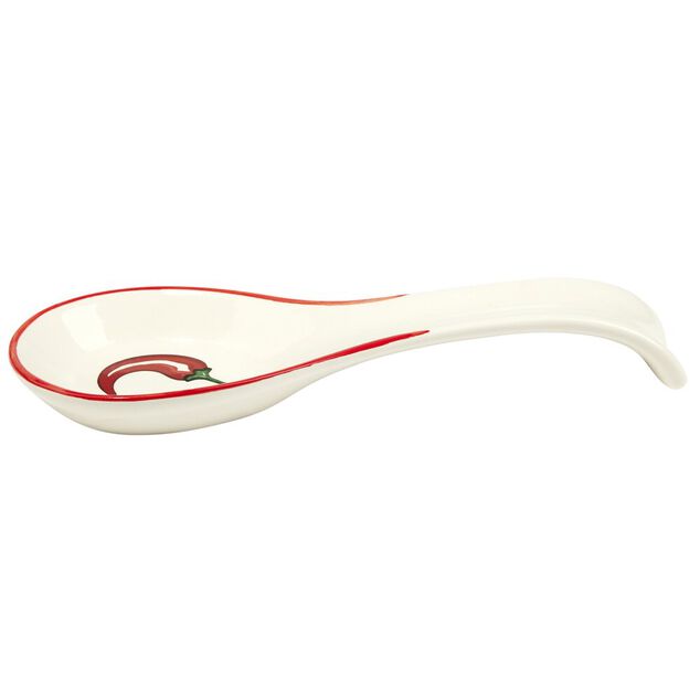 Repose-cuill&egrave;re en c&eacute;ramique blanche motif piment rouge L16cm