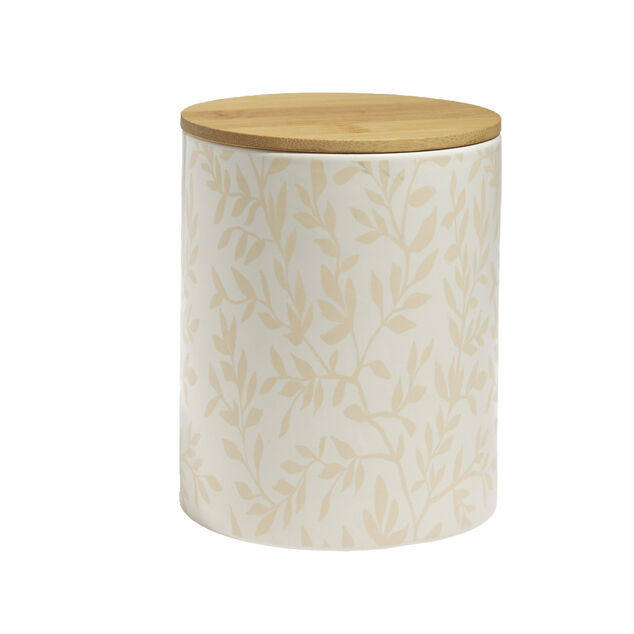 Pot de conservation 1,6L gr&egrave;s motif feuillage couvercle bambou &Oslash;12xH14,5cm