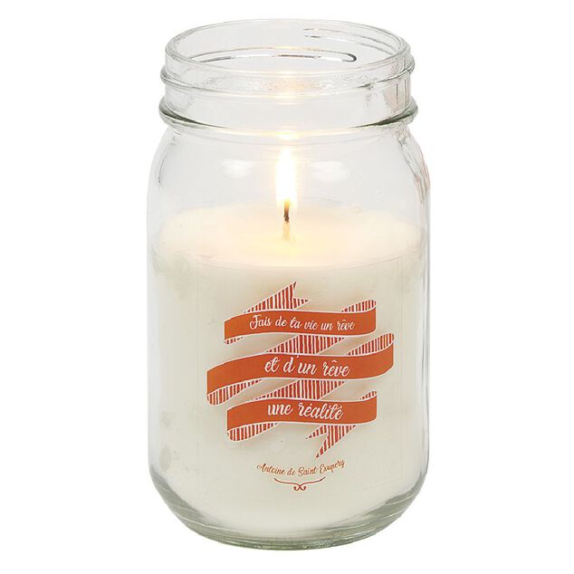 Bougie &agrave; message dans bocal senteur orange H.13 cm