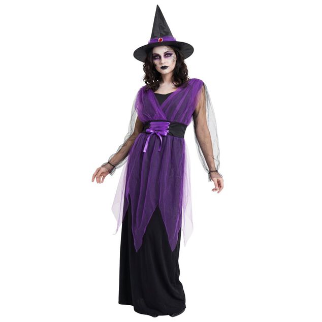 D&eacute;guisement Halloween femme robe sorci&egrave;re avec chapeau noir et violet taille S