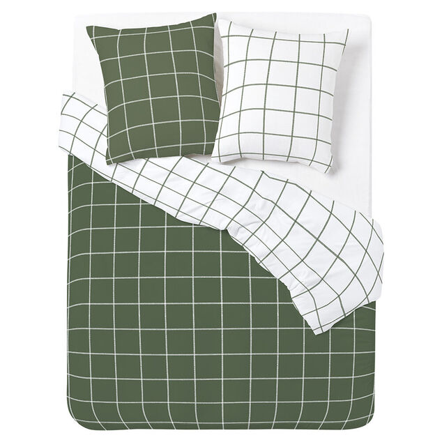 Parure de lit 2 personnes 200x200cm r&eacute;versible quadrill&eacute; vert et blanc