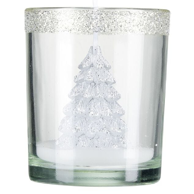 Bougie sapin de No&euml;l dans verre &Oslash;6,2xH7,5cm