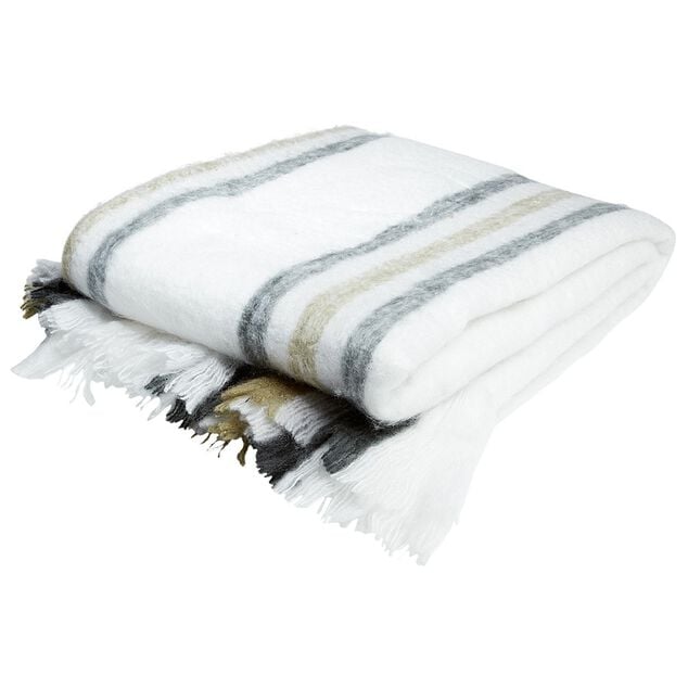 Jet&eacute; de canap&eacute; blanc noir et marron &agrave; rayures