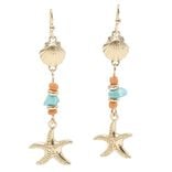 Boucles d'oreilles perles verre bleu et rouge et coquillage inox dor&eacute; L3,5cm