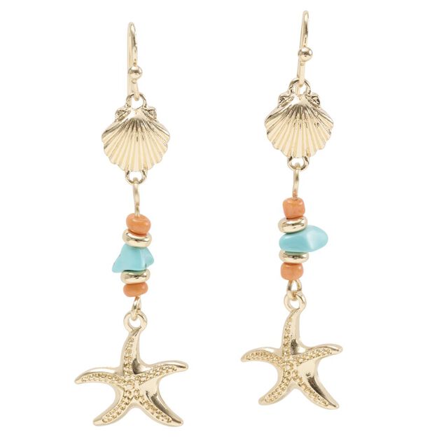 Boucles d'oreilles perles verre bleu et rouge et coquillage inox dor&eacute; L3,5cm