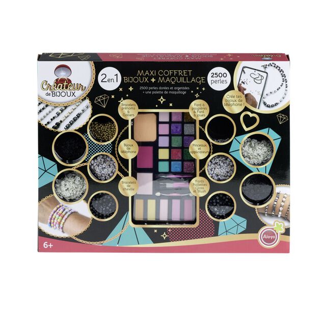 Coffret maxi 2en1 fabrique &agrave; bijoux perles et maquillage 36x47cm