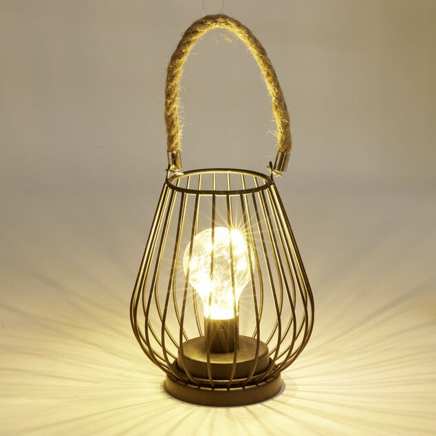 Lanterne LED ajour&eacute;e m&eacute;tal noir poign&eacute;e jute &Oslash;15xH18cm