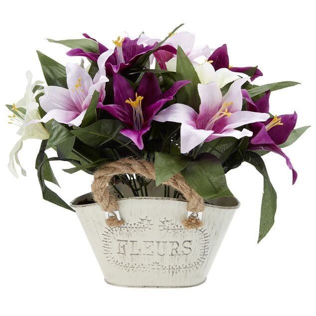 Jardini&egrave;re m&eacute;tal fleur artificielle H24 cm violet