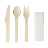 Set de couverts bois x3 couteau fourchette cuill&egrave;re L20cm avec 1 serviette