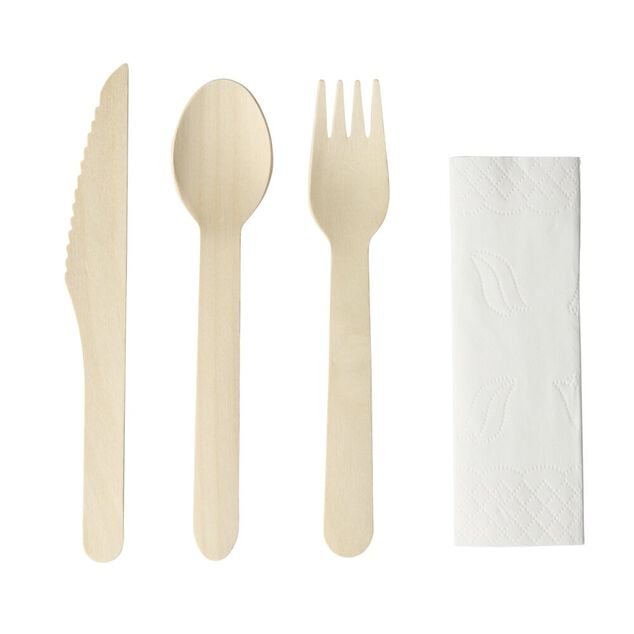Set de couverts bois x3 couteau fourchette cuill&egrave;re L20cm avec 1 serviette