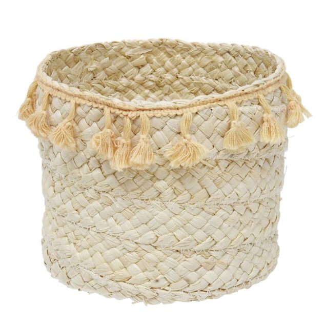 Pani&egrave;re ronde en jonc naturel avec pompons orange &Oslash;19 cm