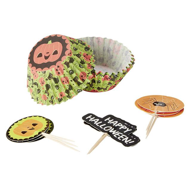Set de caissettes &agrave; muffin + piques d&eacute;cor Halloween - 24 pi&egrave;ces