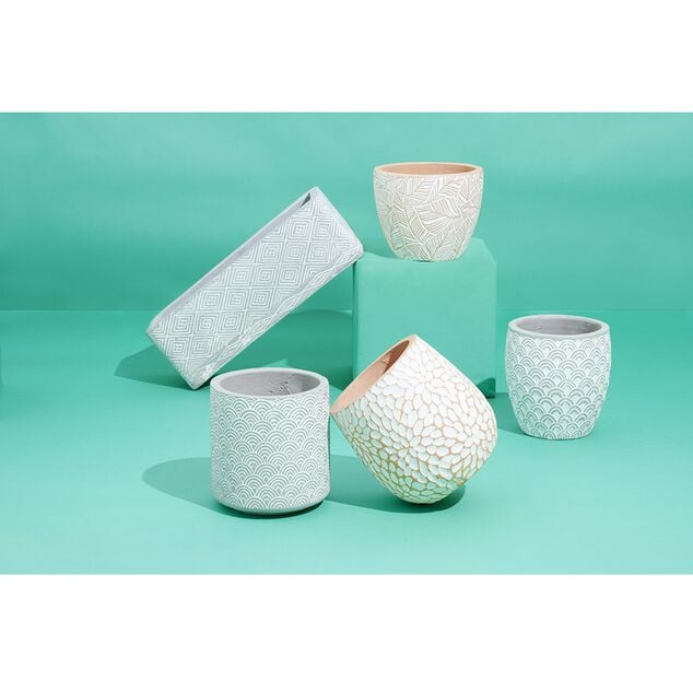 Cache pot cylindre en terre cuite motif &eacute;caille