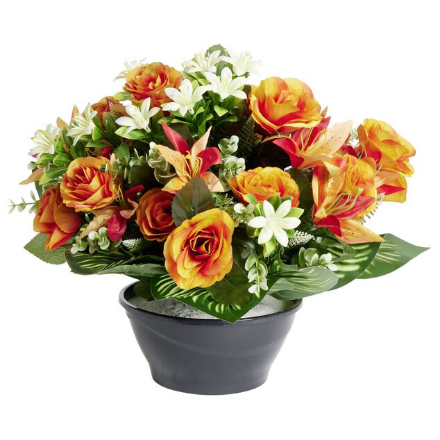Composition florale artificielle lys rose eucalyptus orange vasque &Oslash;38xH35cm