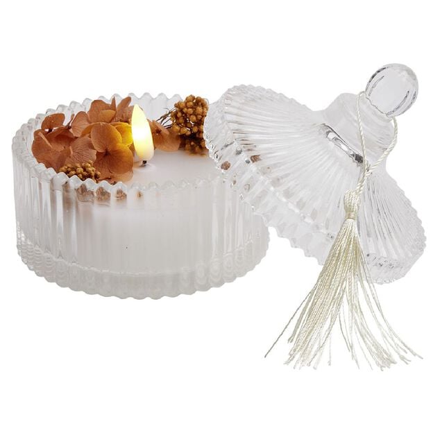 Bougie &agrave; LED dans bo&icirc;te d&eacute;co fleurs s&eacute;ch&eacute;es