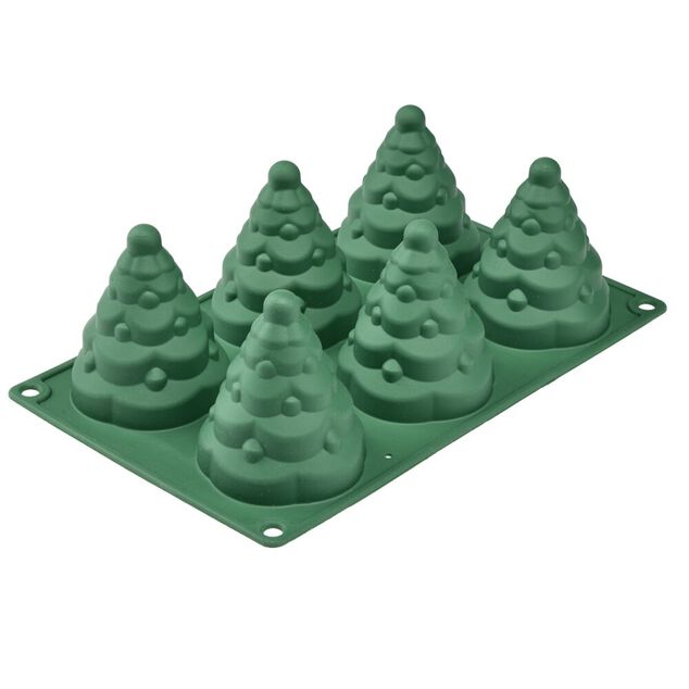 Moule &agrave; g&acirc;teau 6 empreintes forme sapin silicone L28X17XH9 cm vert