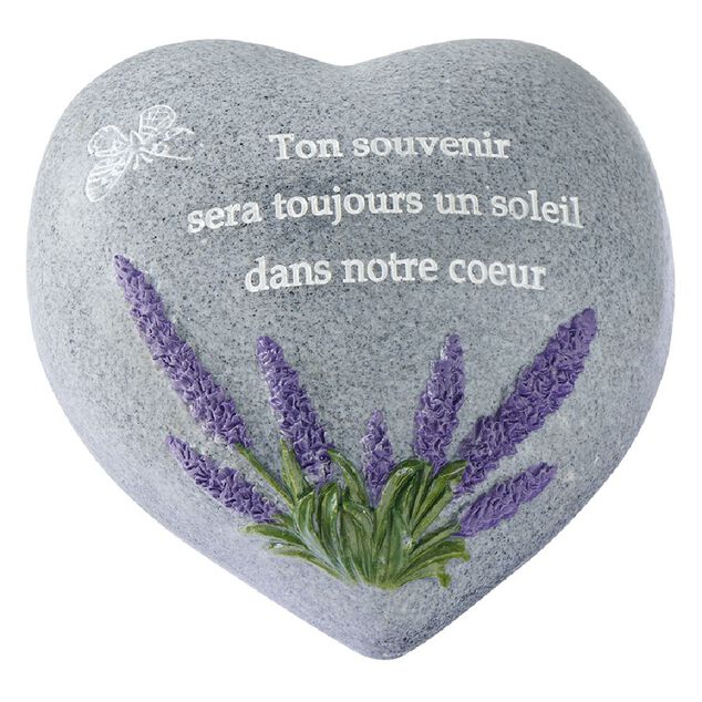 Pierre en r&eacute;sine grise en forme de coeur avec message