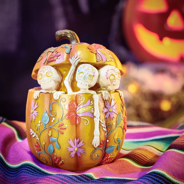 Citrouille Halloween d&eacute;co calavera avec squelettes &Oslash;15xH21cm