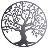 Suspension murale ronde arbre de vie m&eacute;tal noir &Oslash;35cm