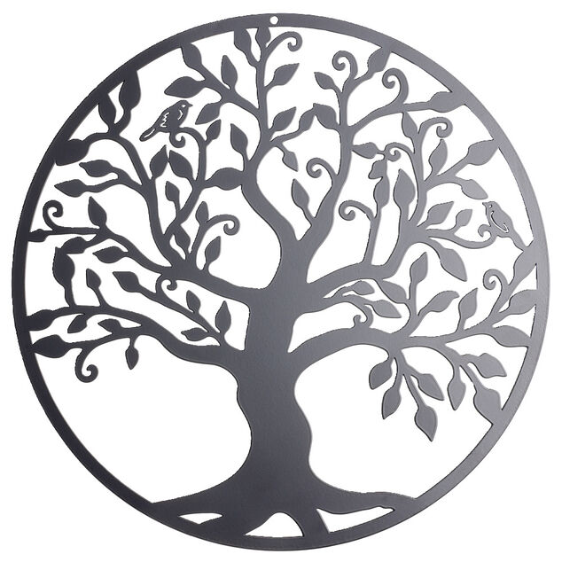 Suspension murale ronde arbre de vie m&eacute;tal noir &Oslash;35cm