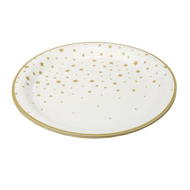 Assiette en papier X8 pcs imprim&eacute; &eacute;toile &Oslash;23XH1,5 cm blanc et dor&eacute;