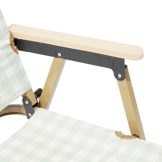 Chaise de camping pliable bambou et toile quadrill&eacute;e vert et blanc 54x38xH62cm