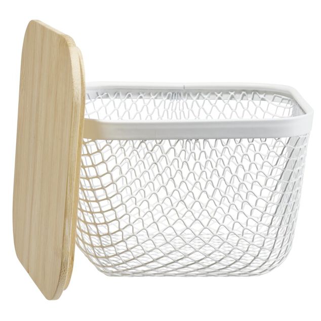 Corbeille cuisine 2L m&eacute;tal grillag&eacute; blanc avec couvercle bambou 15x15xH11cm