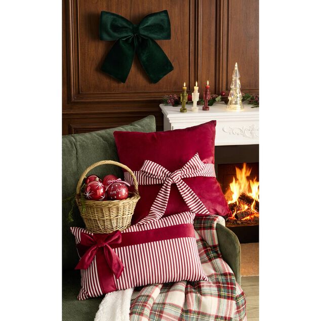 Coussin rectangulaire imprim&eacute; No&euml;l avec noeud polyester L50X30 cm rouge et blanc