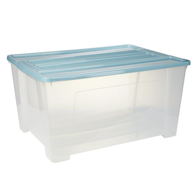 Bo&icirc;te de rangement 150L plastique transparent couvercle bleu 78,5x59xH40,5cm