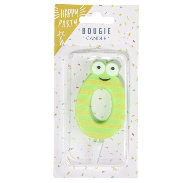 Bougie chiffre 0 cire personnage rayures vert et jaune H8,5cm