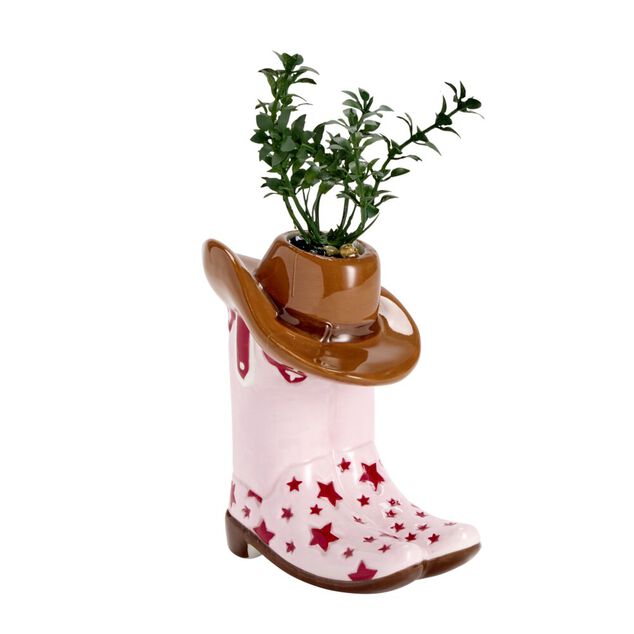 Plante verte artificielle dans pot c&eacute;ramique forme botte cowboy 9x6xH17cm