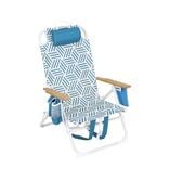 Chaise de plage pliante poign&eacute;es bambou poches lat&eacute;rales blanc et bleu 66x58xH81cm