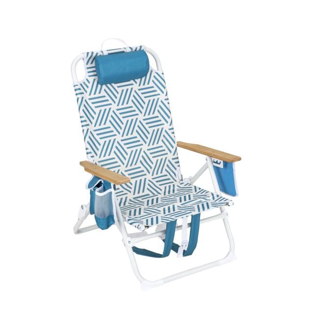 Chaise de plage pliante poign&eacute;es bambou poches lat&eacute;rales blanc et bleu 66x58xH81cm
