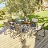 Table de jardin avec chaises x6 Mathis acier verre textil&egrave;ne noir 150x80xH73cm