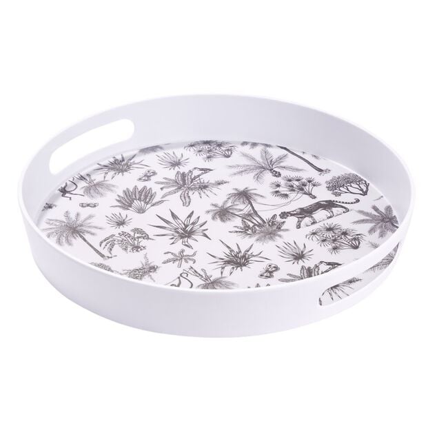 Plateau rond m&eacute;lamin&eacute; motif savane blanc et noir &Oslash;34,5xH5cm