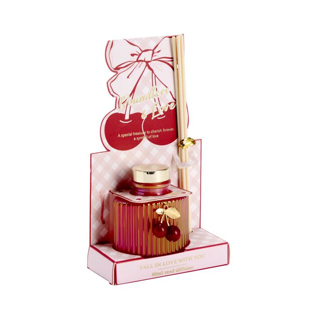 Diffuseur &agrave; b&acirc;tonnets 100ml verre color&eacute; stri&eacute; pampille cerises (2 mod&egrave;les)
