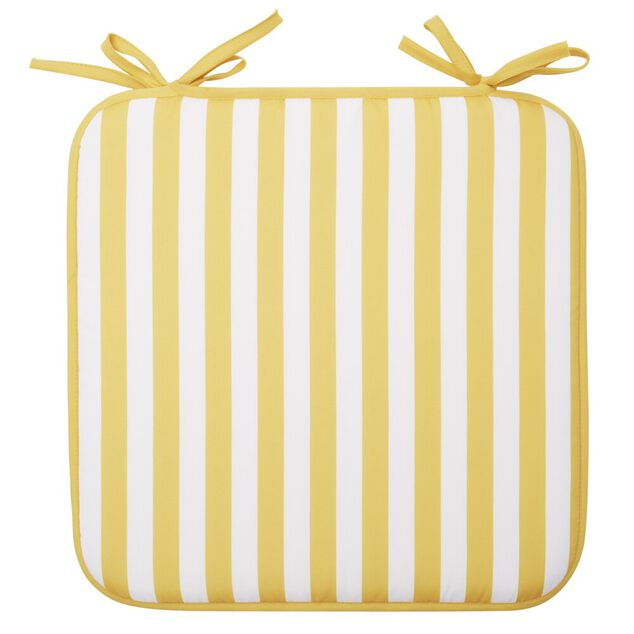 Galette de chaise carr&eacute;e rayures bayad&egrave;res blanches et jaunes 40x40cm