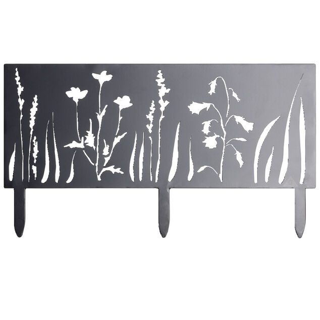 Bordure de jardin m&eacute;tal gris motif v&eacute;g&eacute;tal ajour&eacute; L50xH20cm