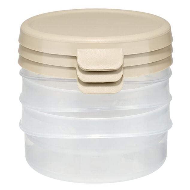 Bo&icirc;te alimentaire ronde 25cl x3 plastique avec couvercle &Oslash;10xH4cm (3 mod&egrave;les)