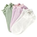 Socquettes femme bord froufrou 3 paires vert rose beige (T35/38 ou 39/42)