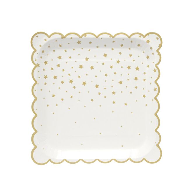 Assiette en papier X8 pcs carr&eacute; bord festonn&eacute; imprim&eacute; &eacute;toile 23X23XH1,5 cm blanc et dor&eacute;