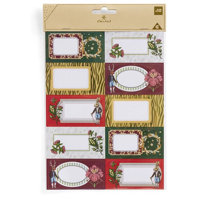 &Eacute;tiquette cadeau autocollante No&euml;l fleurs vintage lapin 4x8cm x10