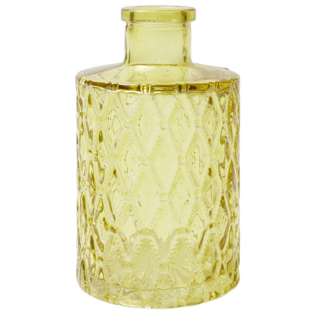 Vase verre color&eacute; bouteille d&eacute;cor relief &Oslash;6xH10,5cm (3 mod&egrave;les)